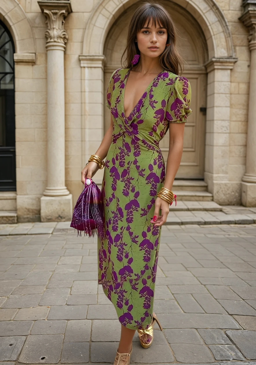 Arja™ |  Midi wikkeljurk in Groen & Paars