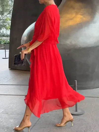 Milou™ | Chiffon midi-jurk met wikkel-look